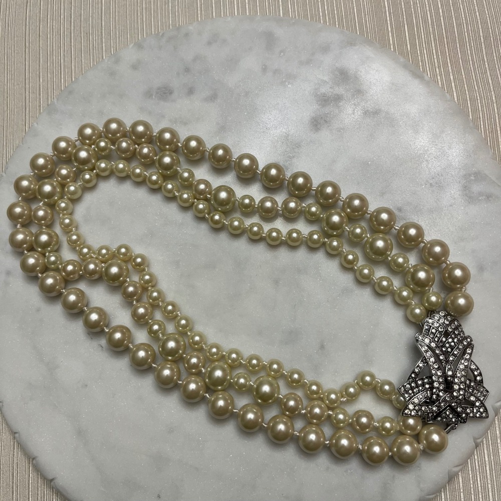 Stella Dot Pearl Necklace 3 Strand Faux Art Deco Crystal Clasp Statement Jewelry